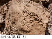 clay and sand on a stone with holes and dimples formed from wind. Стоковое фото, фотограф katalinks / Фотобанк Лори