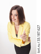 young business woman showing on the white background. Стоковое фото, фотограф Volodymyr Melnyk / PantherMedia / Фотобанк Лори
