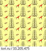 Horses in the forest amongst fir trees seamless pattern. Стоковое фото, фотограф Elena Kozyreva / PantherMedia / Фотобанк Лори