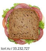 sandwich toast for breakfast topped with salami free plate from above. Стоковое фото, фотограф Markus Mainka / PantherMedia / Фотобанк Лори