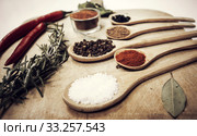 Various spices on kitchen spoons on grunge table. Стоковое фото, фотограф Erika Eros / Smarterpix / Фотобанк Лори