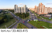 Prospekt Stachek and the Leninsky Prospekt (avenue) crossing is in the Kronshtadtskaya square in Kirovsky district, aerial view. Streets of Saint-Petersburg (2016 год). Редакционное фото, фотограф Кекяляйнен Андрей / Фотобанк Лори