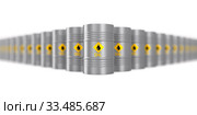 many metallic barrels on white background. Isolated 3D illustration. Стоковая иллюстрация, иллюстратор Ильин Сергей / Фотобанк Лори