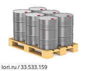 metallic barrels and palette on white background. Isolated 3D illustration. Стоковая иллюстрация, иллюстратор Ильин Сергей / Фотобанк Лори