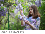 Красивая девочка в парке возле цветущей глициниеи. Стоковое фото, фотограф Марина Володько / Фотобанк Лори