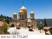 View on the church of all Saints in the land of the Russian brightened of the Russian Orthodox Gornensky convent of the Russian Spiritual Mission, Ein Kerem. Israel (2018 год). Стоковое фото, фотограф Наталья Волкова / Фотобанк Лори