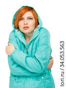 portrait of a girl in a jacket with a trembling from the cold. Стоковое фото, фотограф Nataliia Zhekova / Фотобанк Лори