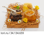 Баночка с вареньем из сосновых шишек и две банки с медом (кленовый и эспарцет) Стоковое фото, фотограф Светлана Васильева / Фотобанк Лори