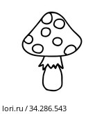 Black hand-drawn vector illustration of One fresh mushroom Fly agaric isolated on a white background. Стоковая иллюстрация, иллюстратор Татьяна Куклина / Фотобанк Лори