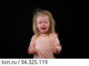 Portrait of Crying, Yelling, Abused Helpless Baby Girl After Family Conflict. Got Lost. In Difficulty. Family Conflict, Violence, Injustice, Unfairness. Стоковое фото, фотограф Иван Карпов / Фотобанк Лори