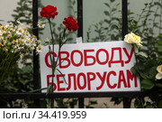 Плакат с надписью "Свободу белорусам" на улице Маросейка напротив здания посольства Республики Беларусь в Москве, Россия (2020 год). Редакционное фото, фотограф Николай Винокуров / Фотобанк Лори
