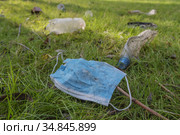 Face mask and other plastic trash in Kartal Eco Park. Kartal Eco Park, Orlovka village, Reni raion, Odessa oblast, Ukraine, Eastern Europe. Стоковое фото, фотограф Некрасов Андрей / Фотобанк Лори
