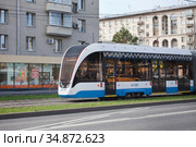 Трамвай "Витязь-М". Москва (2020 год). Редакционное фото, фотограф Victoria Demidova / Фотобанк Лори