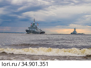 Россия. Санкт-Петербург. Армада военных кораблей в акватории Финского залива на параде в честь дня ВМФ (2020 год). Редакционное фото, фотограф Литвяк Игорь / Фотобанк Лори
