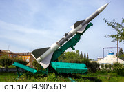 Defense forces weapon. Antiaircraft missles rocket with warhead aimed to the sky. Стоковое фото, фотограф Евгений Ткачёв / Фотобанк Лори