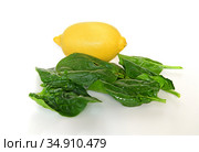 Spinach (Spinacia oleracea) leaves and lemon on table. Стоковое фото, фотограф Валерия Попова / Фотобанк Лори