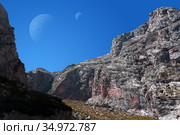 Fantastic alien landscape with rocks and two moons in the sky. Стоковое фото, фотограф Евгений Харитонов / Фотобанк Лори