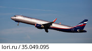 Takeoff of Aeroflot Airbus at El Prat Airport in Barcelona (2020 год). Редакционное фото, фотограф Яков Филимонов / Фотобанк Лори
