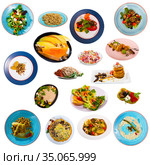 Set of many plates with tasty vegetarian food isolated on white background. Стоковое фото, фотограф Яков Филимонов / Фотобанк Лори