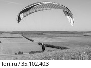 Beautiful view of a pilot with paraplan going to start flying over the fields in the summer morning. Black and white photo. Стоковое фото, фотограф Татьяна Куклина / Фотобанк Лори
