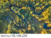 Вид сверху на петляющую реку в красочном осеннем лесу. Карелия. Стоковое фото, фотограф Сергей Цепек / Фотобанк Лори