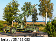 85-мм зенитное орудие у монумента "Разорванное кольцо" на "Дороге жизни". Ленинградская область (2020 год). Редакционное фото, фотограф Александр Щепин / Фотобанк Лори