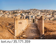 Street South Decumanus in the ancient greco-roman city of Gerasa and the modern city Jerash in the background, Jordan (2016 год). Стоковое фото, фотограф Наталья Волкова / Фотобанк Лори