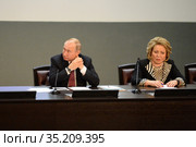 Russian President Vladimir Putin and the President of the Council of Federation of the Federal Assembly of the Russian Federation Valentina Matvienko. (2019 год). Редакционное фото, фотограф Free Wind / Фотобанк Лори