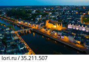 Laval city and Mayenne river in evening. View from above. France. Стоковое фото, фотограф Яков Филимонов / Фотобанк Лори