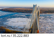 Aerial view of the cable-stayed Murom bridge over the Oka river. Стоковое фото, фотограф Яков Филимонов / Фотобанк Лори