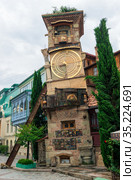 Beautiful Clock Tower of puppet theater Rezo Gabriadze in historical center of old Tbilisi, Georgia (2018 год). Редакционное фото, фотограф Константин Лабунский / Фотобанк Лори