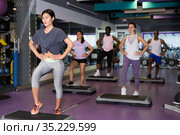 Group of people working out with steppers in fitness center. Стоковое фото, фотограф Яков Филимонов / Фотобанк Лори