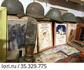 Коллекция немецких и российских военных касок, книг и документов времен Гражданской войны в этнографическом парке-музее «Русский остров» под открытым небом. Россия, Владимирская область, деревня Желудьево (2021 год). Редакционное фото, фотограф Овчинникова Ирина / Фотобанк Лори