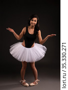 Funny ballerina in tutu skirt in studio. Стоковое фото, фотограф Гурьянов Андрей / Фотобанк Лори