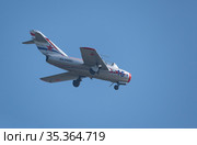 Moscow Russia Zhukovsky Airfield 31 August 2019: Demonstration of the Russian MiG-15 Bis 1120 (Fagot) the international aerospace salon MAKS-2019. Редакционное фото, фотограф Фотограф / Фотобанк Лори