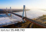 Flight over cable-stayed bridge over the Oka River. Стоковое фото, фотограф Яков Филимонов / Фотобанк Лори