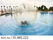 Little boy have fun inside big plastic balloon on the water of swimming pool on the summer resort. Kid inside big inflatable transparent ball running and having fun. Стоковое фото, фотограф Nataliia Zhekova / Фотобанк Лори