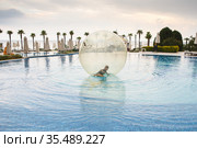 Little boy have fun inside big plastic balloon on the water of swimming pool on the summer resort. Kid inside big inflatable transparent ball running and having fun. Стоковое фото, фотограф Nataliia Zhekova / Фотобанк Лори