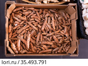 Dried turmeric rhizomes in cardboard box for sale. Стоковое фото, фотограф Яков Филимонов / Фотобанк Лори