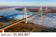 Aerial view of the cable-stayed Murom bridge over the Oka river. Стоковое фото, фотограф Яков Филимонов / Фотобанк Лори