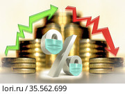 Cтрелки и символ процента в медицинской защитной маске на фоне денег. Стоковое фото, фотограф Сергеев Валерий / Фотобанк Лори