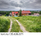 Деревенская улица летом. Вид на традиционные деревянные дома. Поселок Висим, Урал, Свердловская область. (2015 год). Стоковое фото, фотограф Bala-Kate / Фотобанк Лори