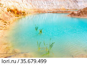 beautiful turquoise color of water in a kaolin quarry near the city of Kyshtym, Chelyabinsk region in Russia. Стоковое фото, фотограф Акиньшин Владимир / Фотобанк Лори