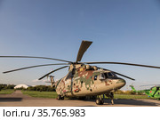 Upgraded military transport helicopter Mi-26T2B at the International Aviation and Space Salon in Zhukovsky. Russia (2019 год). Редакционное фото, фотограф Наталья Волкова / Фотобанк Лори