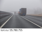 Trucks are moving in the fog. Стоковое фото, фотограф Юрий Бизгаймер / Фотобанк Лори