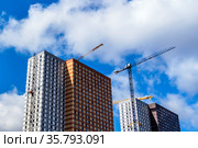 Башенные краны на строительстве современных высотных жилых  домов и офисных зданий. Москва. (2021 год). Редакционное фото, фотограф Владимир Устенко / Фотобанк Лори