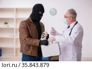Masked man burglar bribing old doctor for getting vaccine. Стоковое фото, фотограф Elnur / Фотобанк Лори