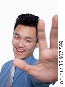 Businessman Obstructing Camera with Hand. Стоковое фото, агентство Ingram Publishing / Фотобанк Лори