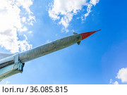 Defense forces weapon. Antiaircraft missles rocket with warhead aimed to the sky. Стоковое фото, фотограф Евгений Ткачёв / Фотобанк Лори