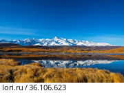 Mountains of the North-Chui range and their reflection in the lake Dzhangyskol, Yeshtykel tract, fall.  Altai Republic, Russia. Стоковое фото, фотограф Наталья Волкова / Фотобанк Лори